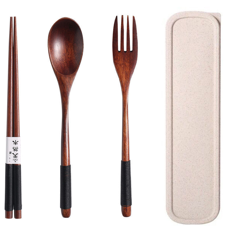 Cutlery 3PCS Fork Chopsticks Spoon Set Portable Tableware Chinese Wooden Utensils Sets Dinner Sets Long Handle Utensils With Fork Spoon Chopsticks