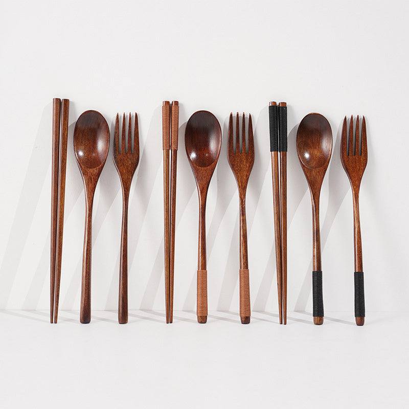 Cutlery 3PCS Fork Chopsticks Spoon Set Portable Tableware Chinese Wooden Utensils Sets Dinner Sets Long Handle Utensils With Fork Spoon Chopsticks