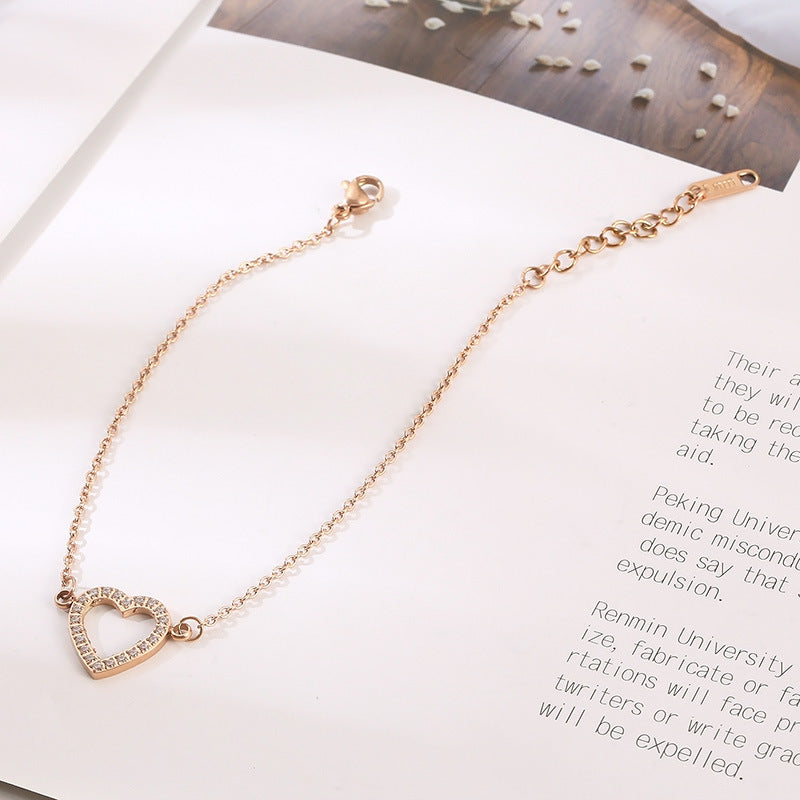 Women's Korean-style Simple Stainless Steel Micro-inlaid Fully Jeweled Loving Heart Bracelet