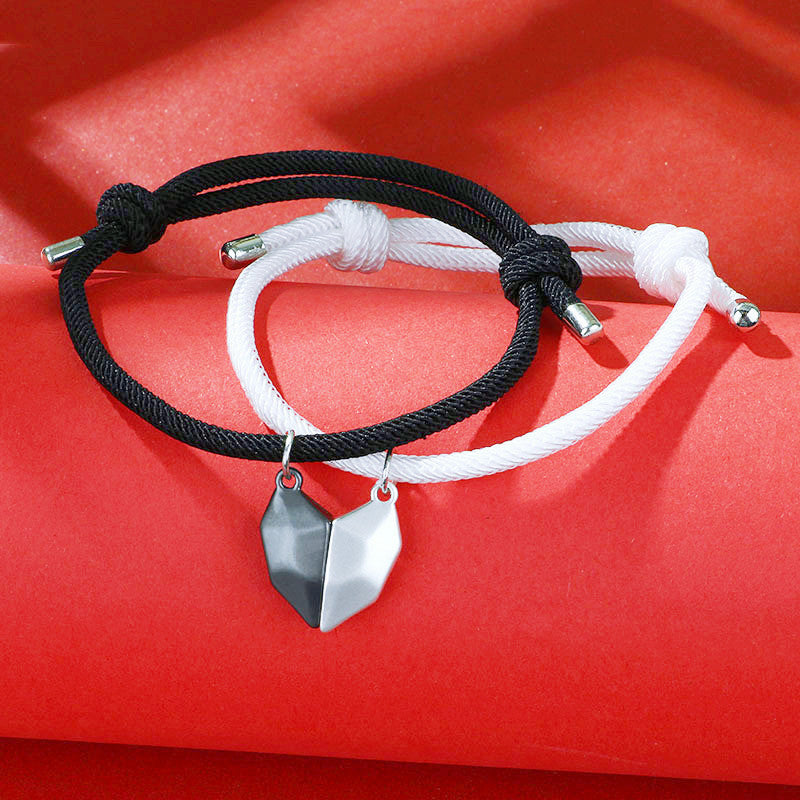 Wishing Stone Black And White Love Heart Magnetic Braided Rope Adjustable Bracelet