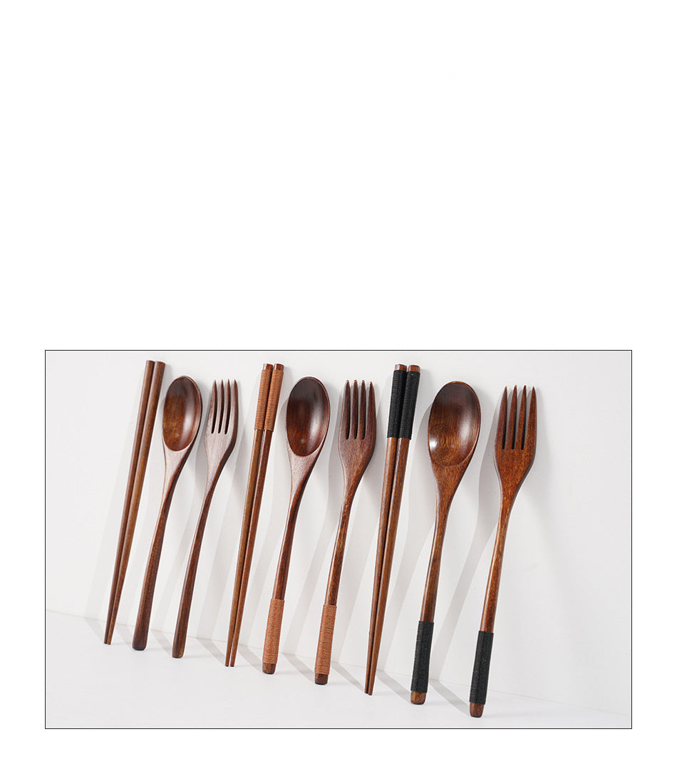 Cutlery 3PCS Fork Chopsticks Spoon Set Portable Tableware Chinese Wooden Utensils Sets Dinner Sets Long Handle Utensils With Fork Spoon Chopsticks