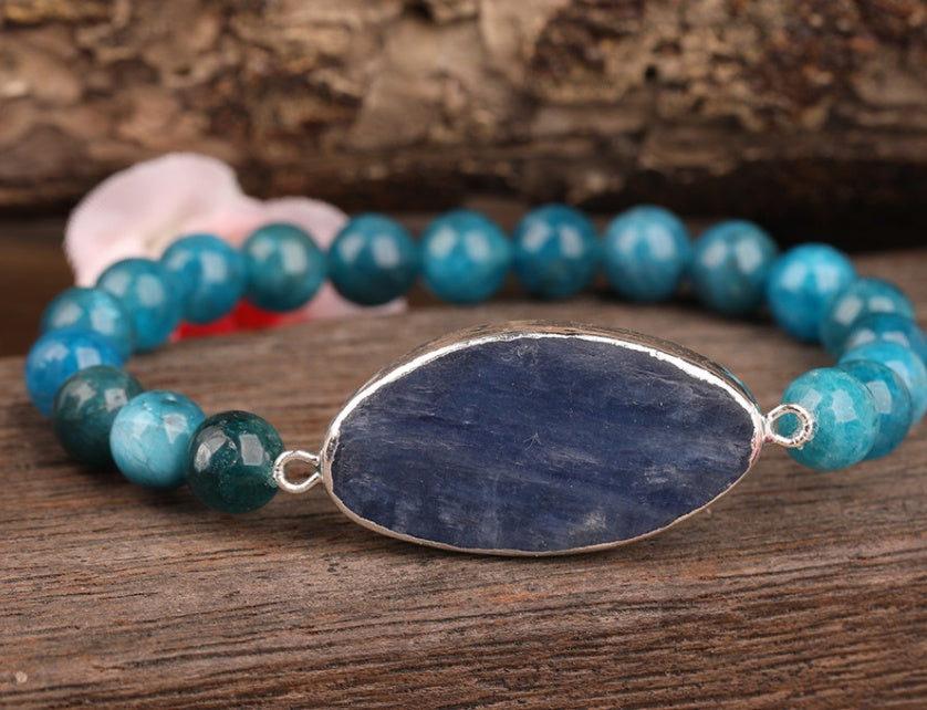 Natural Blue Crystal Disc Bead Cuff Bracelet For Women