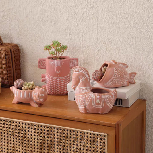Creative Cartoon Animal Shape Retro Breathable Red Pottery Flowerpot