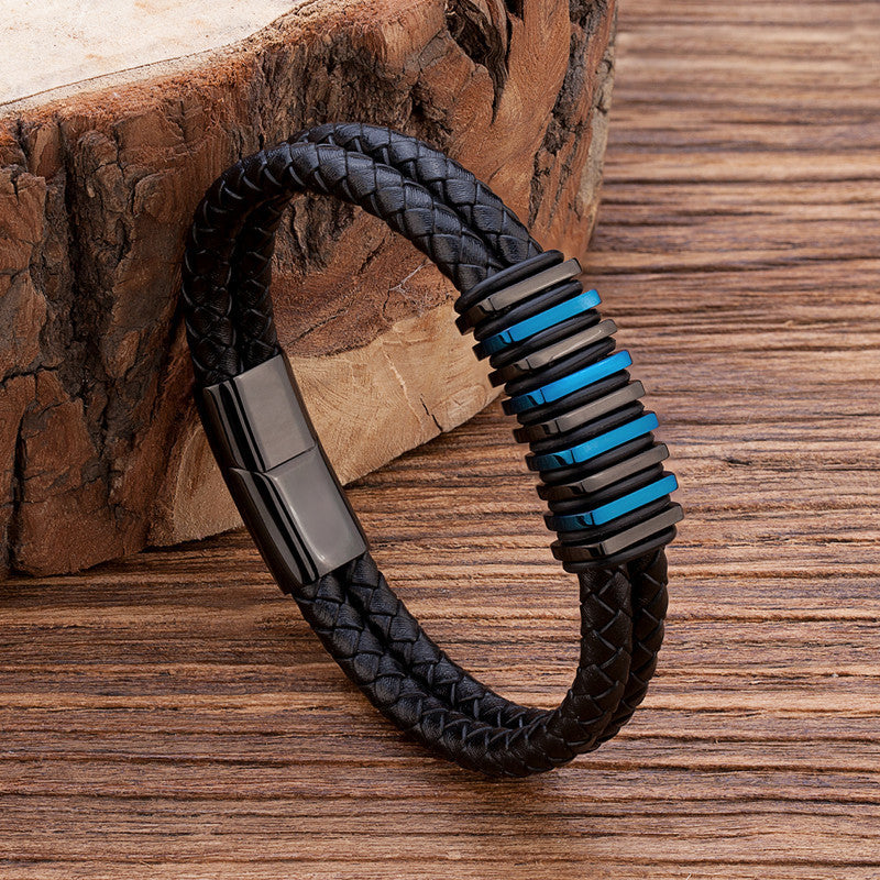 Metal Geometric Spacer Stainless Steel Leather Bracelet