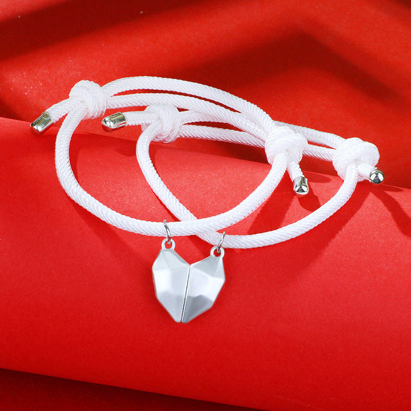 Wishing Stone Black And White Love Heart Magnetic Braided Rope Adjustable Bracelet