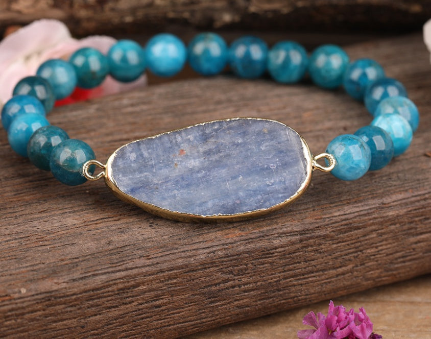 Natural Blue Crystal Disc Bead Cuff Bracelet For Women