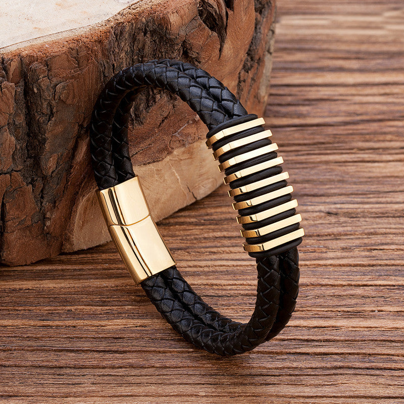 Metal Geometric Spacer Stainless Steel Leather Bracelet