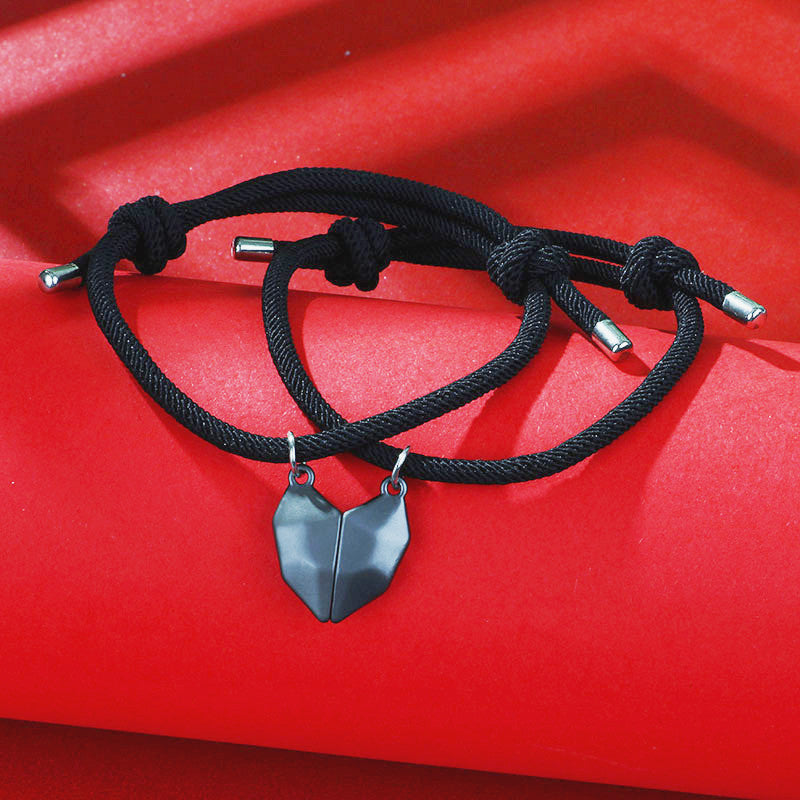 Wishing Stone Black And White Love Heart Magnetic Braided Rope Adjustable Bracelet
