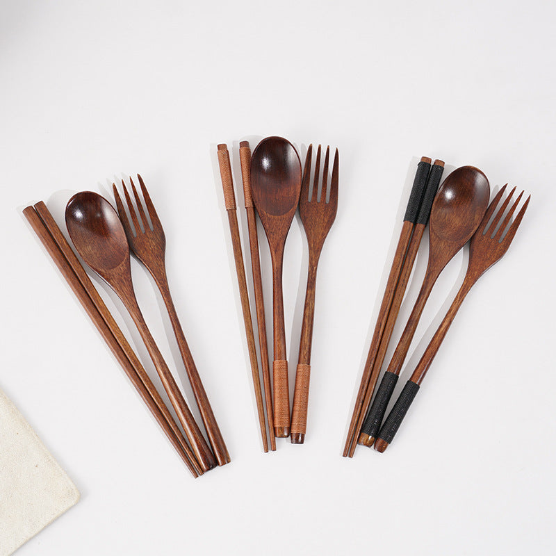Cutlery 3PCS Fork Chopsticks Spoon Set Portable Tableware Chinese Wooden Utensils Sets Dinner Sets Long Handle Utensils With Fork Spoon Chopsticks