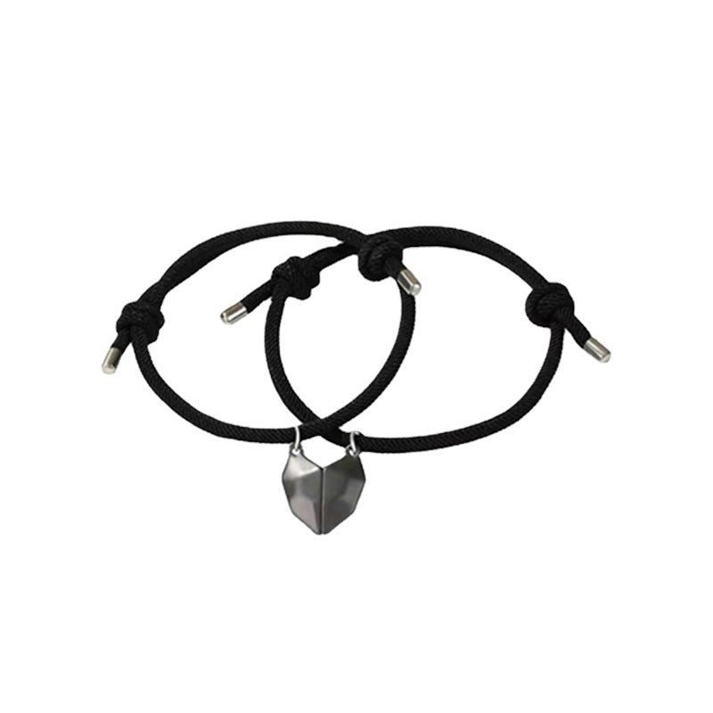 Wishing Stone Black And White Love Heart Magnetic Braided Rope Adjustable Bracelet