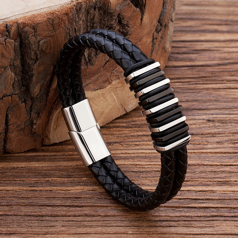 Metal Geometric Spacer Stainless Steel Leather Bracelet