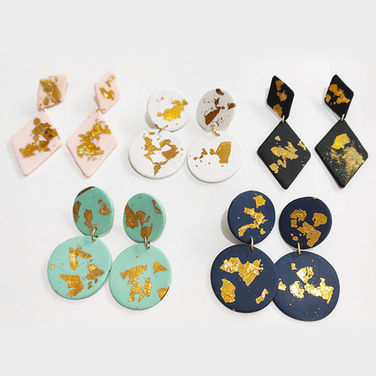 Geometric Simple Gold Leaf Handmade Soft Pottery Earrings Niche