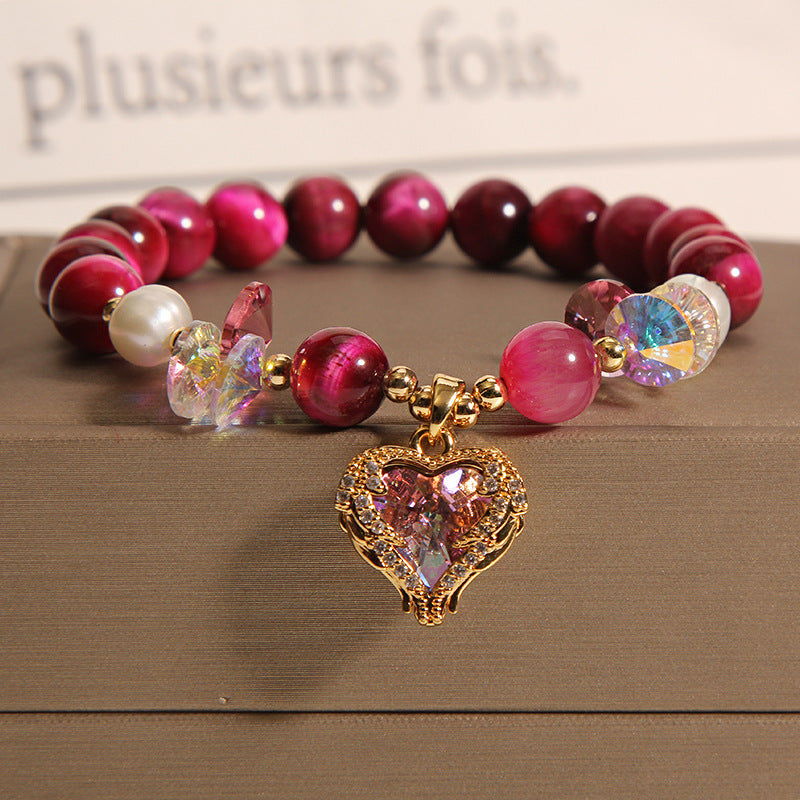 Women's Fashion Rose Red Tigereye Crystal Bracelet