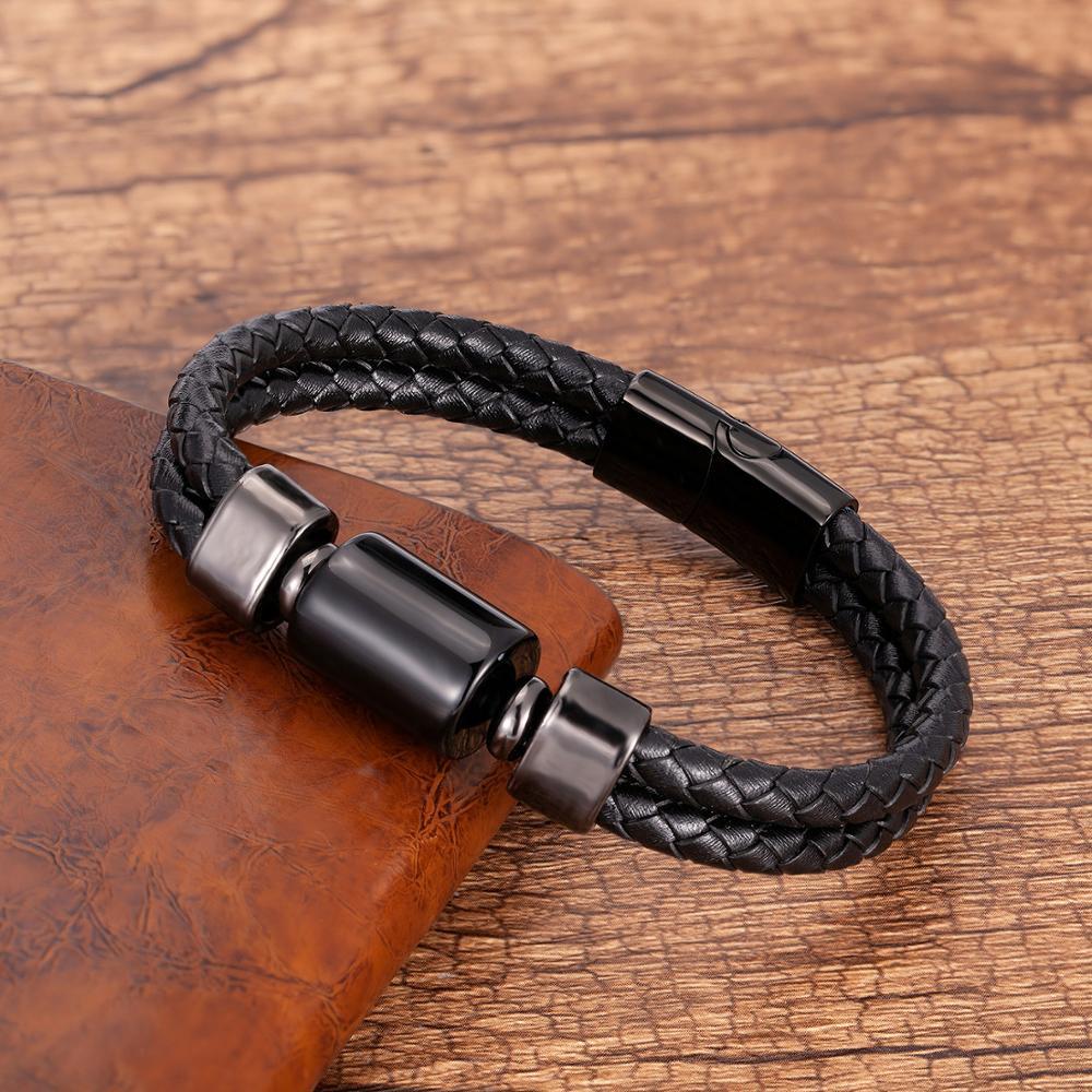 Woven Single Layer Beads Stone Leather Rope Bracelet Metal Buckle