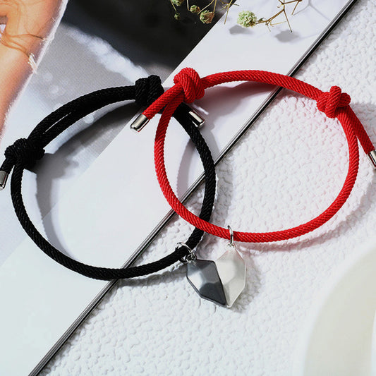 Wishing Stone Black And White Love Heart Magnetic Braided Rope Adjustable Bracelet