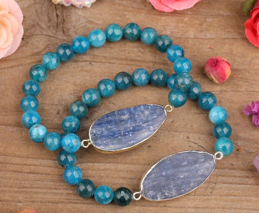 Natural Blue Crystal Disc Bead Cuff Bracelet For Women