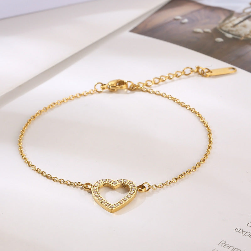 Women's Korean-style Simple Stainless Steel Micro-inlaid Fully Jeweled Loving Heart Bracelet