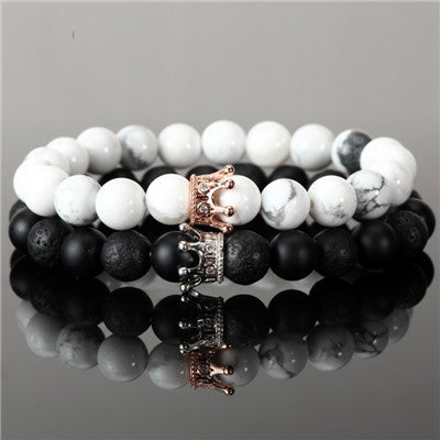 Copper Inlaid Zircon Crown Natural White Turquoise Bracelet