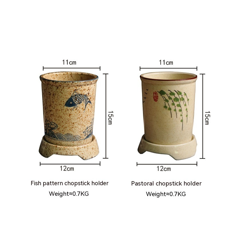 Japanese Style Hand Drawn Ceramic Chopsticks Holder Commercial Household Draining Chopsticks Shelf Boxes Cutlery Tray Kitchen Storage