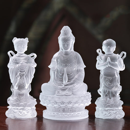 Colored Glass Sending Son Avalokitesvara Buddha Statue Golden Boy And Jade Girl Ornament