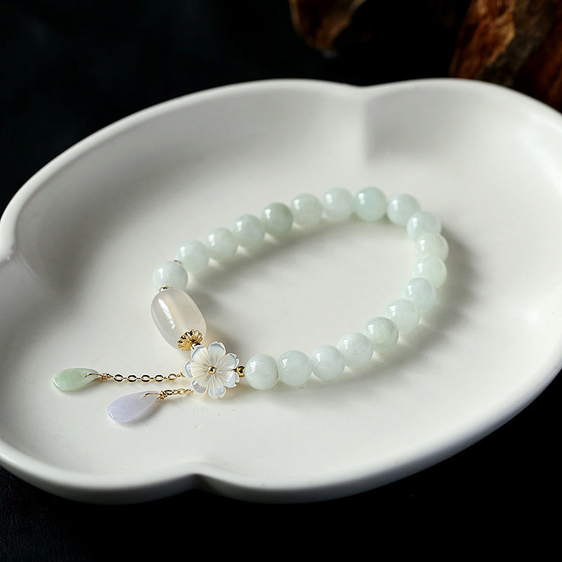 Original Natural Jade Bracelet 14K Gold Wrapped Shell Flower