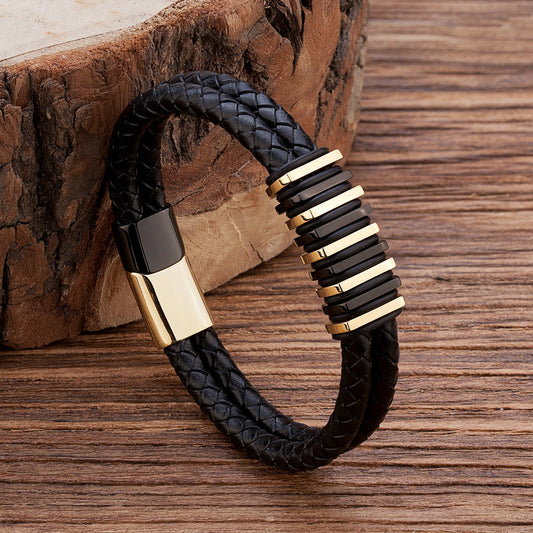 Metal Geometric Spacer Stainless Steel Leather Bracelet