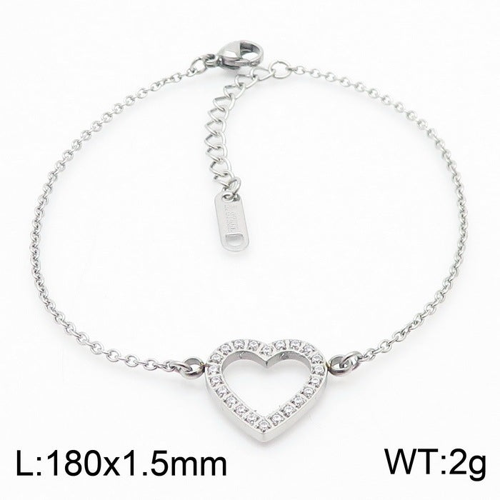 Women's Korean-style Simple Stainless Steel Micro-inlaid Fully Jeweled Loving Heart Bracelet