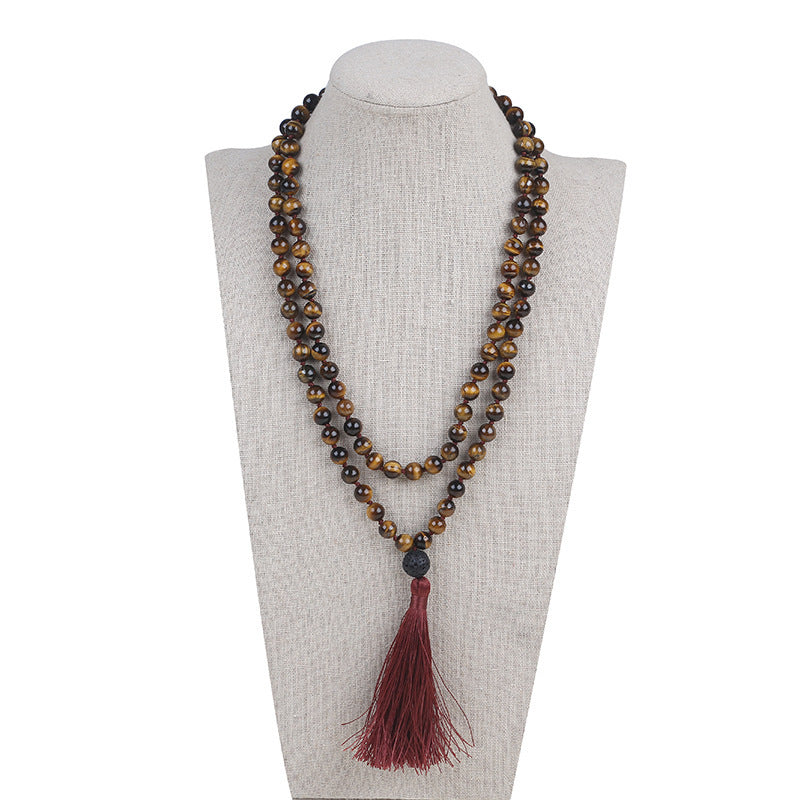 Tiger Eye Stone Long Tassel Necklace Dress With Simple Style