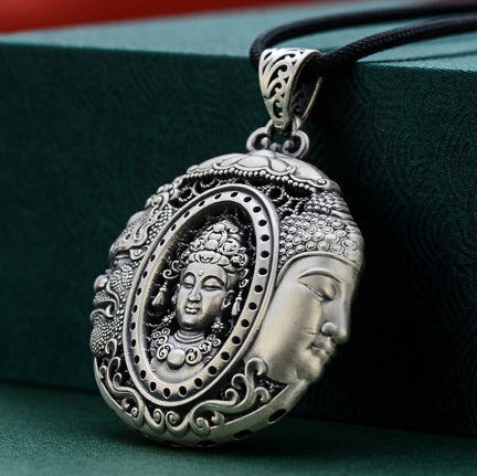 Pure Silver S999 Men's Buddha Magic A Flash Of Thought Hollow Pendant