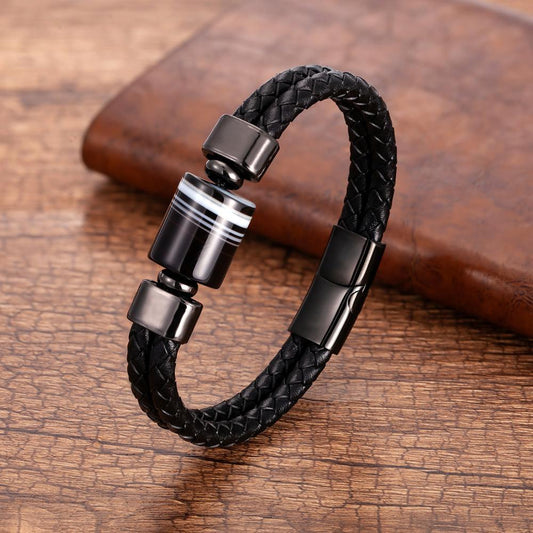 Woven Single Layer Beads Stone Leather Rope Bracelet Metal Buckle