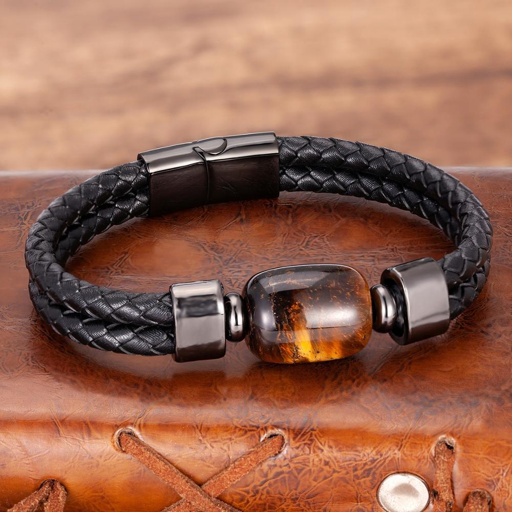 Woven Single Layer Beads Stone Leather Rope Bracelet Metal Buckle