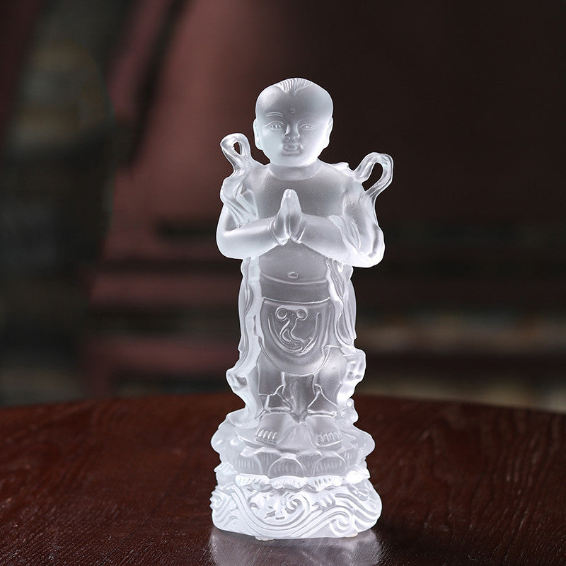 Colored Glass Sending Son Avalokitesvara Buddha Statue Golden Boy And Jade Girl Ornament