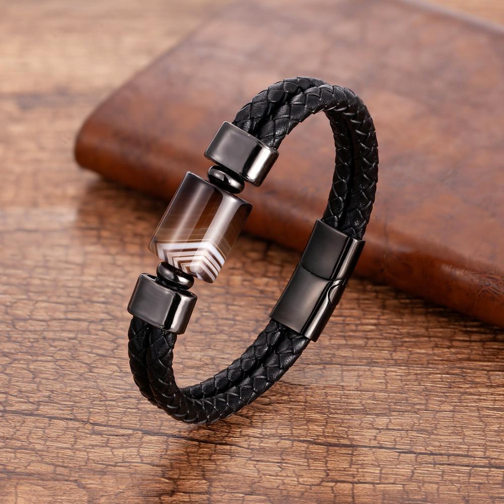 Woven Single Layer Beads Stone Leather Rope Bracelet Metal Buckle