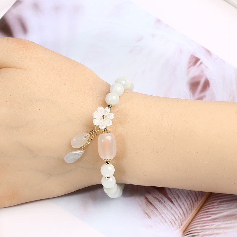Original Natural Jade Bracelet 14K Gold Wrapped Shell Flower