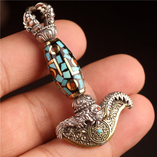 Tibetan Legend Buddha Utensils Dharma-vessel Trigug Pendant Vintage Silver Elephant Nose Tibet Beads